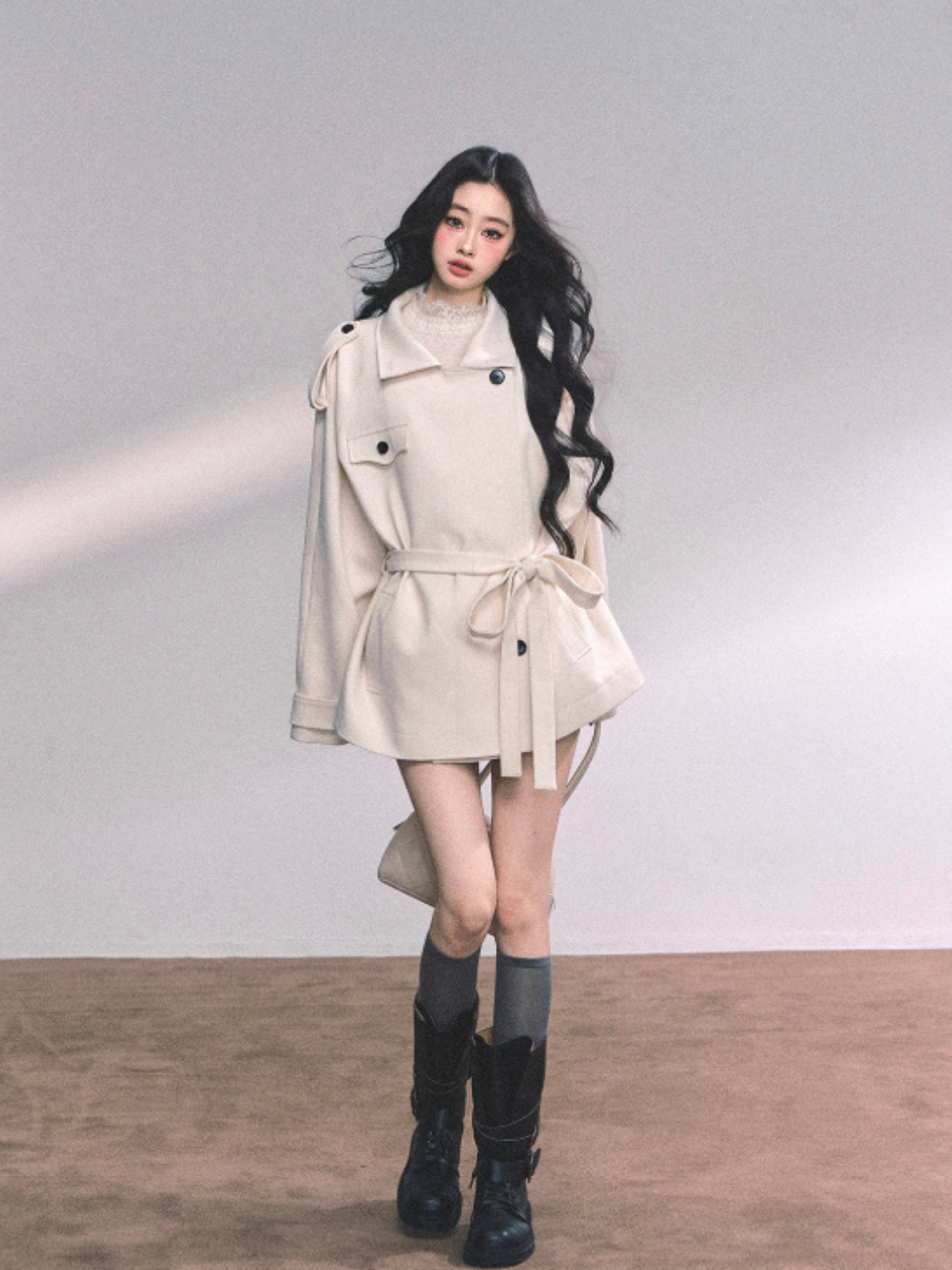 少也眼 British-Inspired Loose Wool-Blend Trench Coat