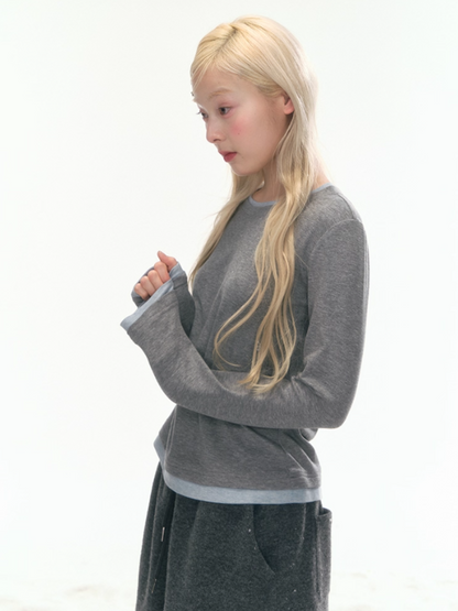 "Cream Cloud" Gray - Blue Colorblock Wool Knit Top LL2025471