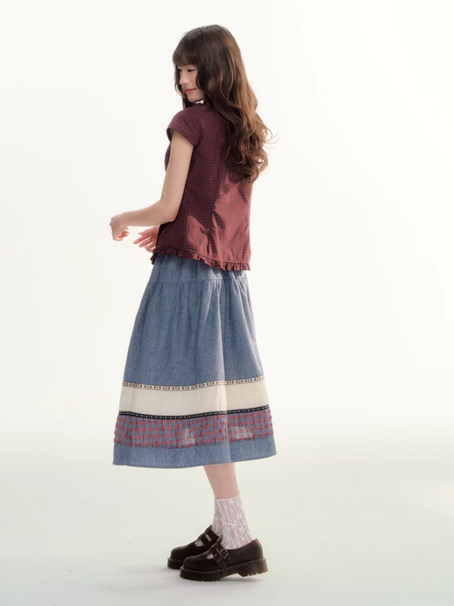 Red Plaid Lace Trim Tie-Front Blouse WW2026086