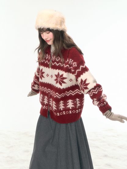 "Fluffy Snowtone" Vintage Red Holiday Knit Cardigan LL2025305
