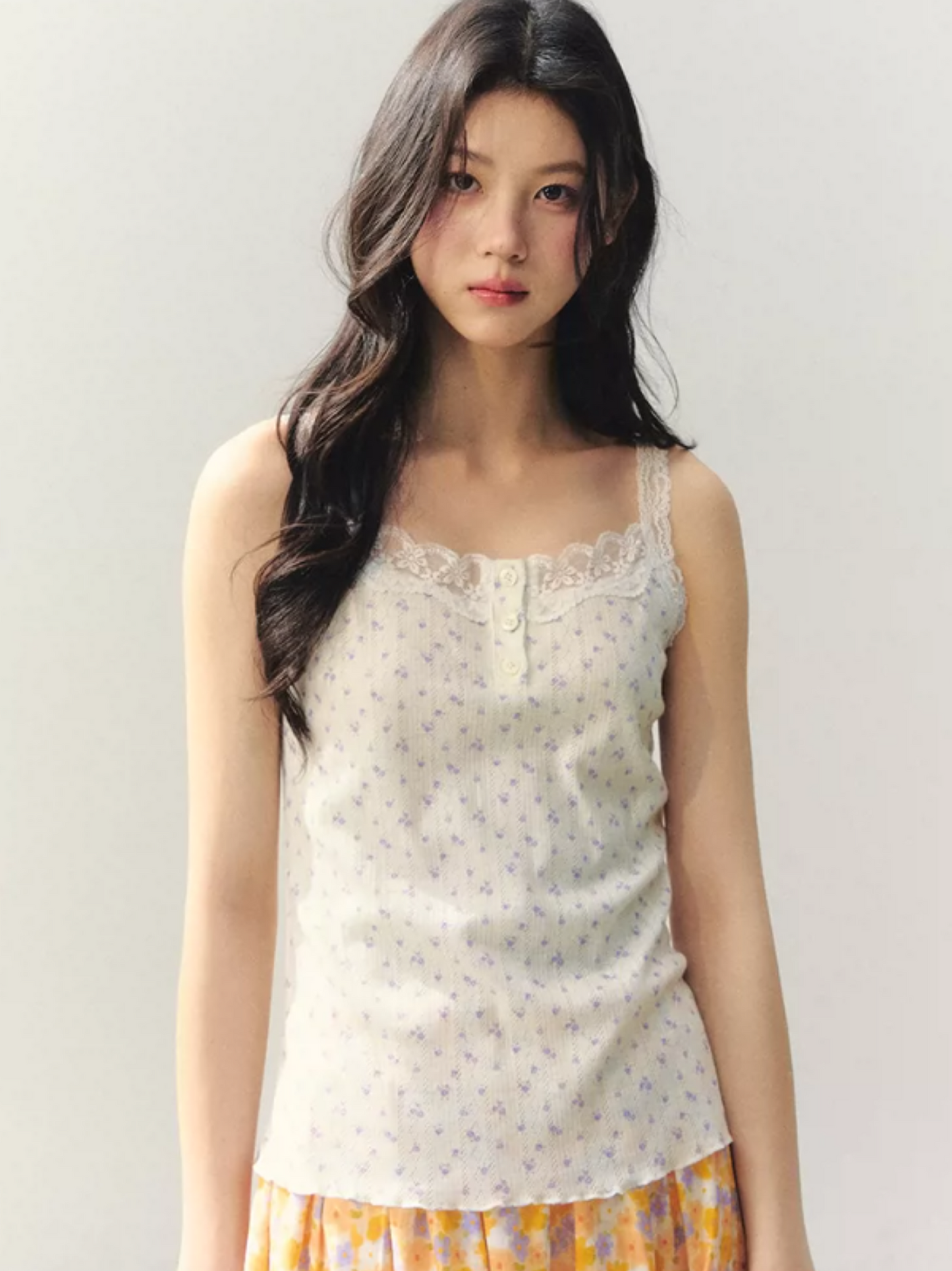 Citrus Bloom Lace Cami & Floral Pleated Skirt Set LL2026039