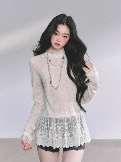 "日暮巴塞尔" Lace Hollow Semi-Turtleneck Slim Fit Long Sleeve Top