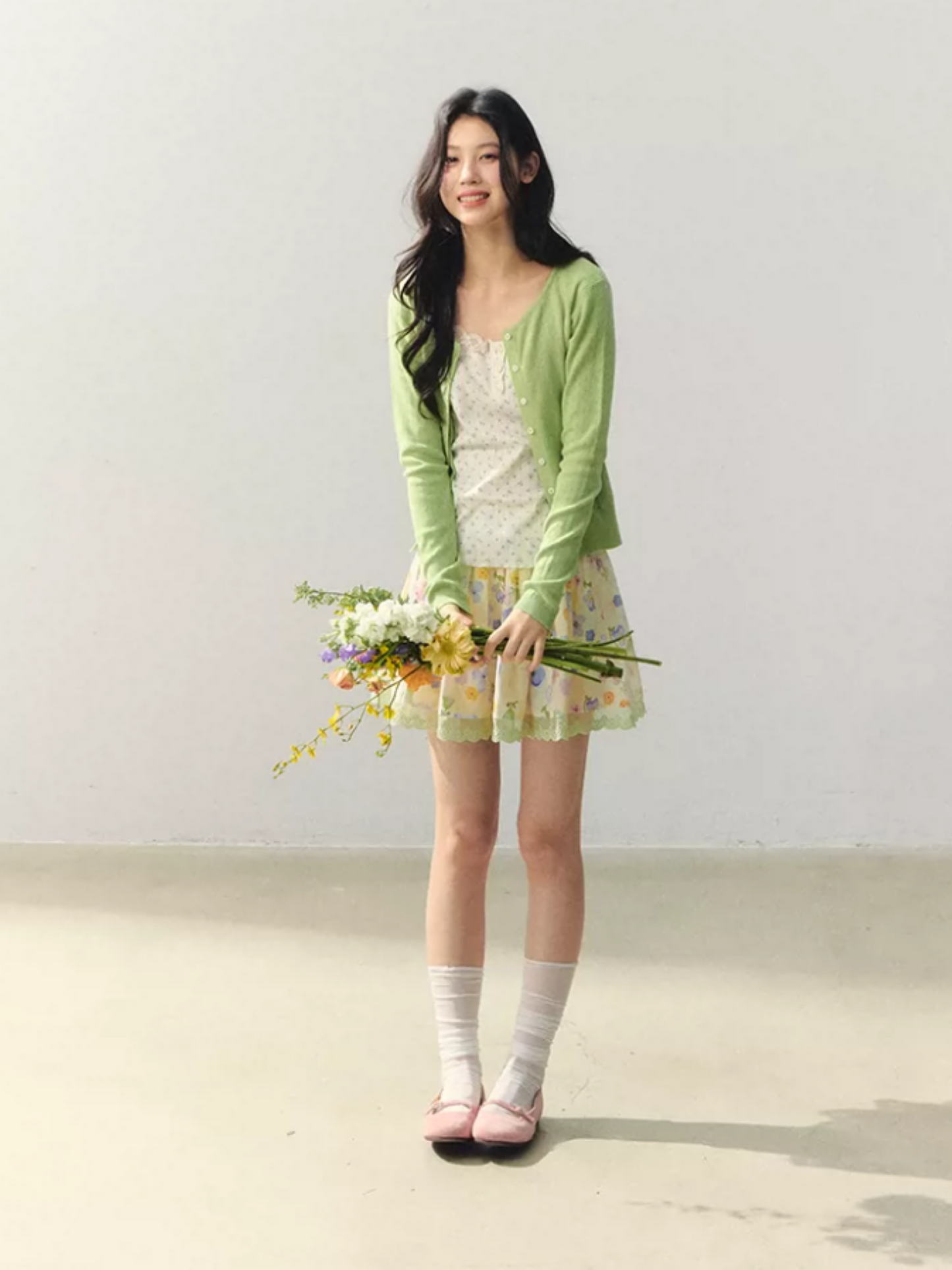 "Summer Meadow Sky" Knit Cardigan & Floral Pleated Skirt Set LL2026010