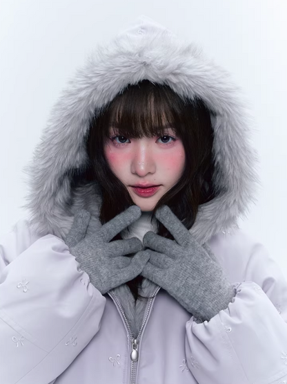 CREAMO2奶油氧气 - Soft Lilac Bow-Embroidered Eco Fur Puffer Jacket