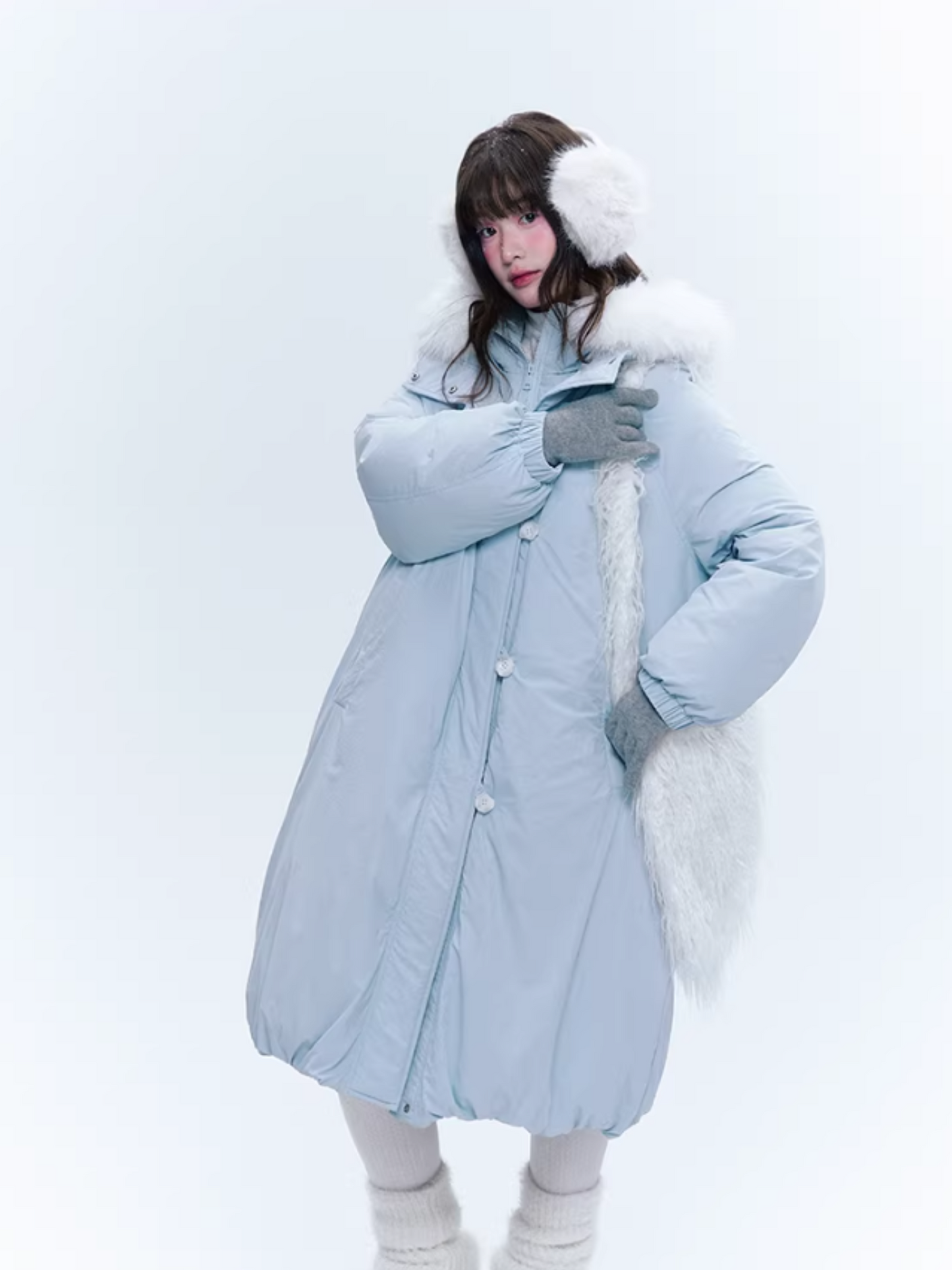 CREAMO2奶油氧气 - Milk Mist Blue Faux-Layered Mid-Length Down Puffer Coat