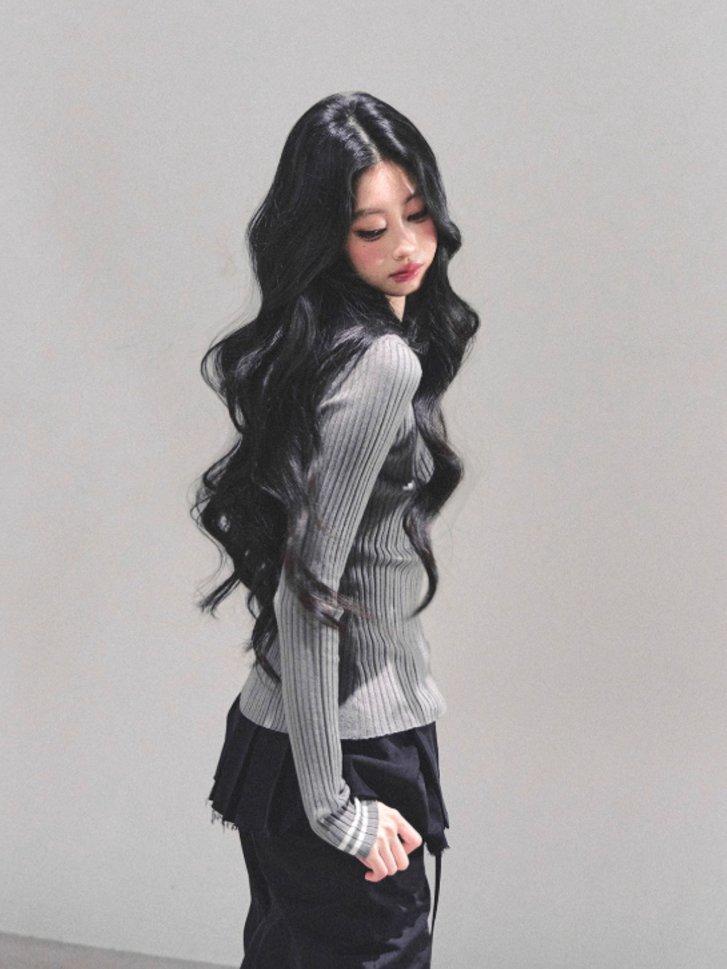 "温蒂的信" Classic Polo Collar Knit Top - Gray