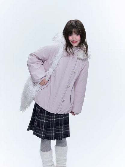 CREAMO2奶油氧气 - Soft Pink-Purple Detachable Fur Hooded Down Jacket