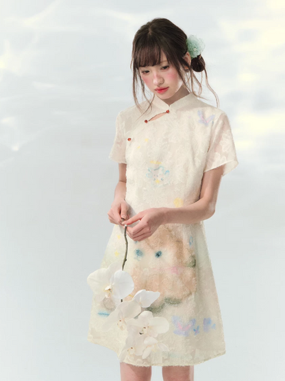 “Velvet Deer Whisper” Ivory Deer Print Cheongsam Dress LL2026174