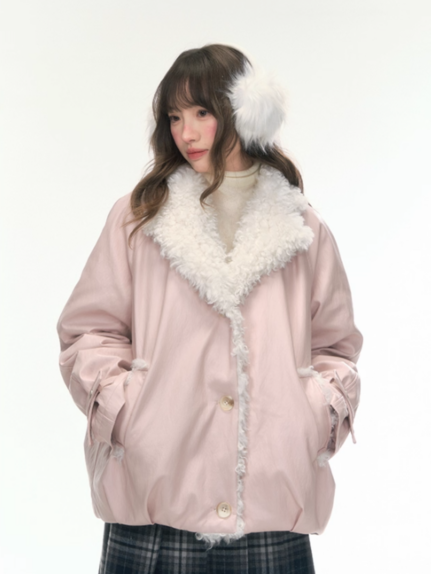 "Fuzzy Signal" Pale Pink PU-Trim 90% Down Jacket LL2025465