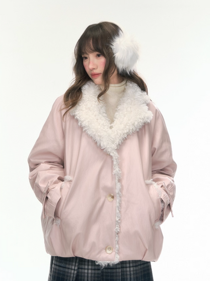 "Fuzzy Signal" Pale Pink PU-Trim 90% Down Jacket LL2025465