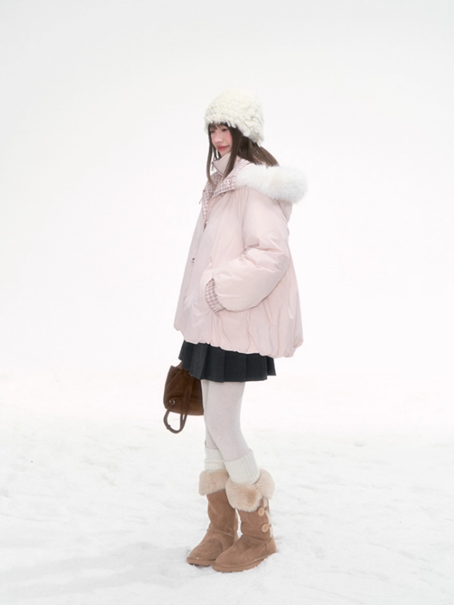 "Snow Mirage" Layered Bloom Down Parka – Pink Faux Two-Piece Hooded Coat with Fur Trim