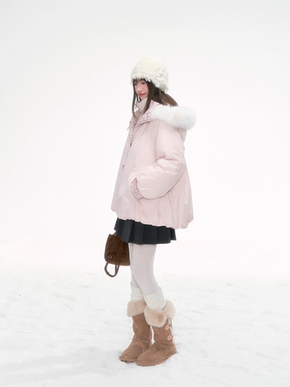 "Snow Mirage" Layered Bloom Down Parka – Pink Faux Two-Piece Hooded Coat with Fur Trim