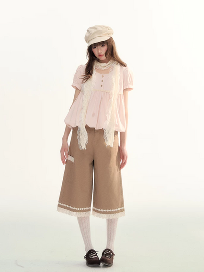 Caramel Lace Trim Cropped Straight-Leg Pants WW2026085