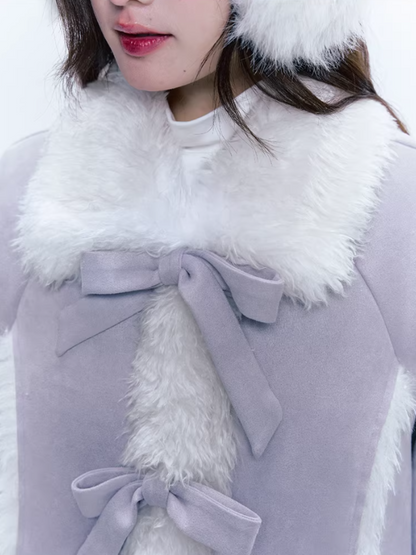 CREAMO2奶油氧气 - Taro Gray-Purple Bow-Tie Faux Suede & Teddy Midi Coat