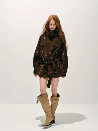 "秋风之廓" Embroidered Cotton Belted Trench Jacket