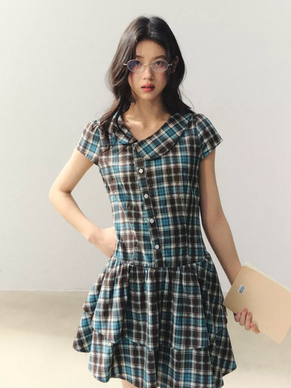 "Pine Chestnut Mint" Asymmetric Collar Plaid Dress LL2026034