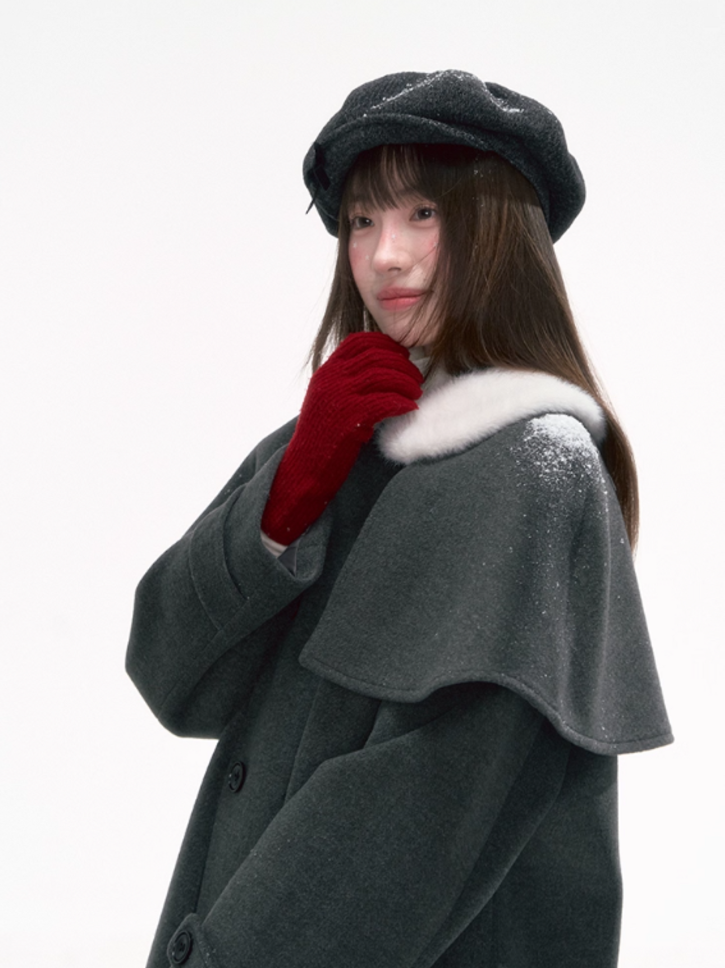 "英伦课表" Dark Gray Wool-Blend Coat with Detachable Cape