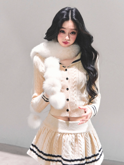 "晚风的低语" French Knit Co-ord Set – Beige Top & Mini Skirt