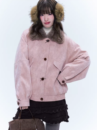 CREAMO2奶油氧气 - Peach Mist Detachable Fur-Collar Faux Suede Padded Jacket