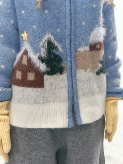 "Hand-Stitched Snow Fairytale" Blue Zip-Up Knit Cardigan LL2025448