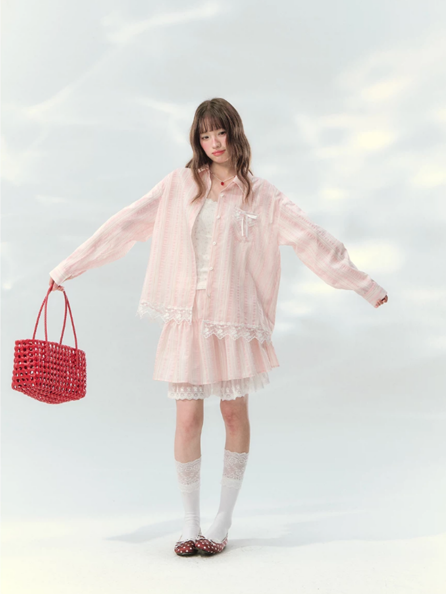 “Pink Mist Love Letter” Pink Stripe Lace Skirt Set LL2026161