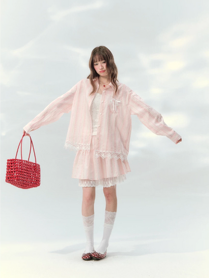“Pink Mist Love Letter” Pink Stripe Lace Skirt Set LL2026161