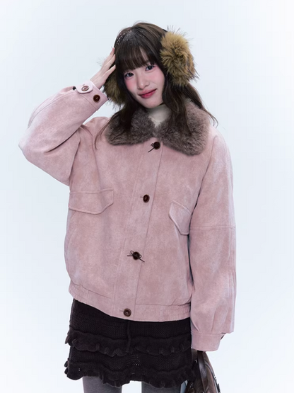 CREAMO2奶油氧气 - Peach Mist Detachable Fur-Collar Faux Suede Padded Jacket