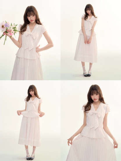 Pink Stripe Bow Detail Midi Dress LL2026080