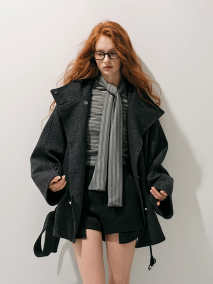 "柔廓定理" Wool-Blend Structured Military Coat with Stand Collar
