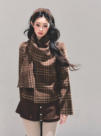 少也眼 “Twilight Forest" Woolen Oversized Coat - Plaid Brown