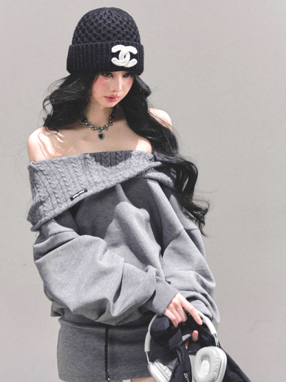 少也眼 "Silent Gravity" Off-Shoulder Oversized Sweatshirt (with Belt)