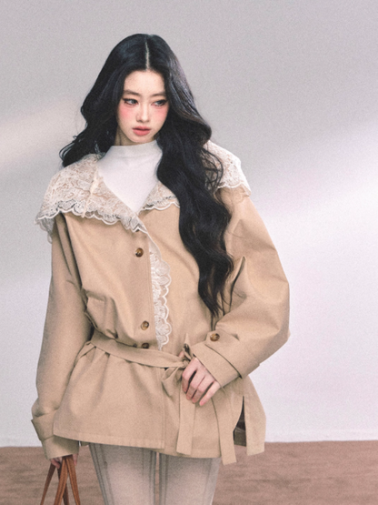 "维罗纳冬日" French Lace Hooded Trench Coat