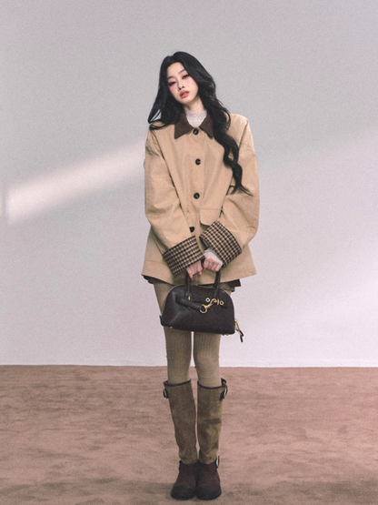 "日暮巴塞尔" British Preppy Polo-Collar Trench Jacket