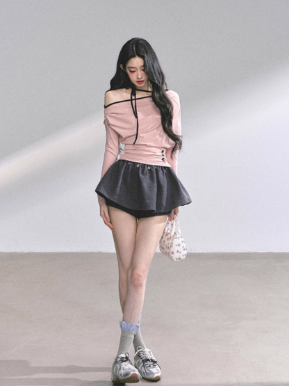 少也眼 K-pop Trainee Off-Shoulder Halter Long Sleeve Top (Pink)