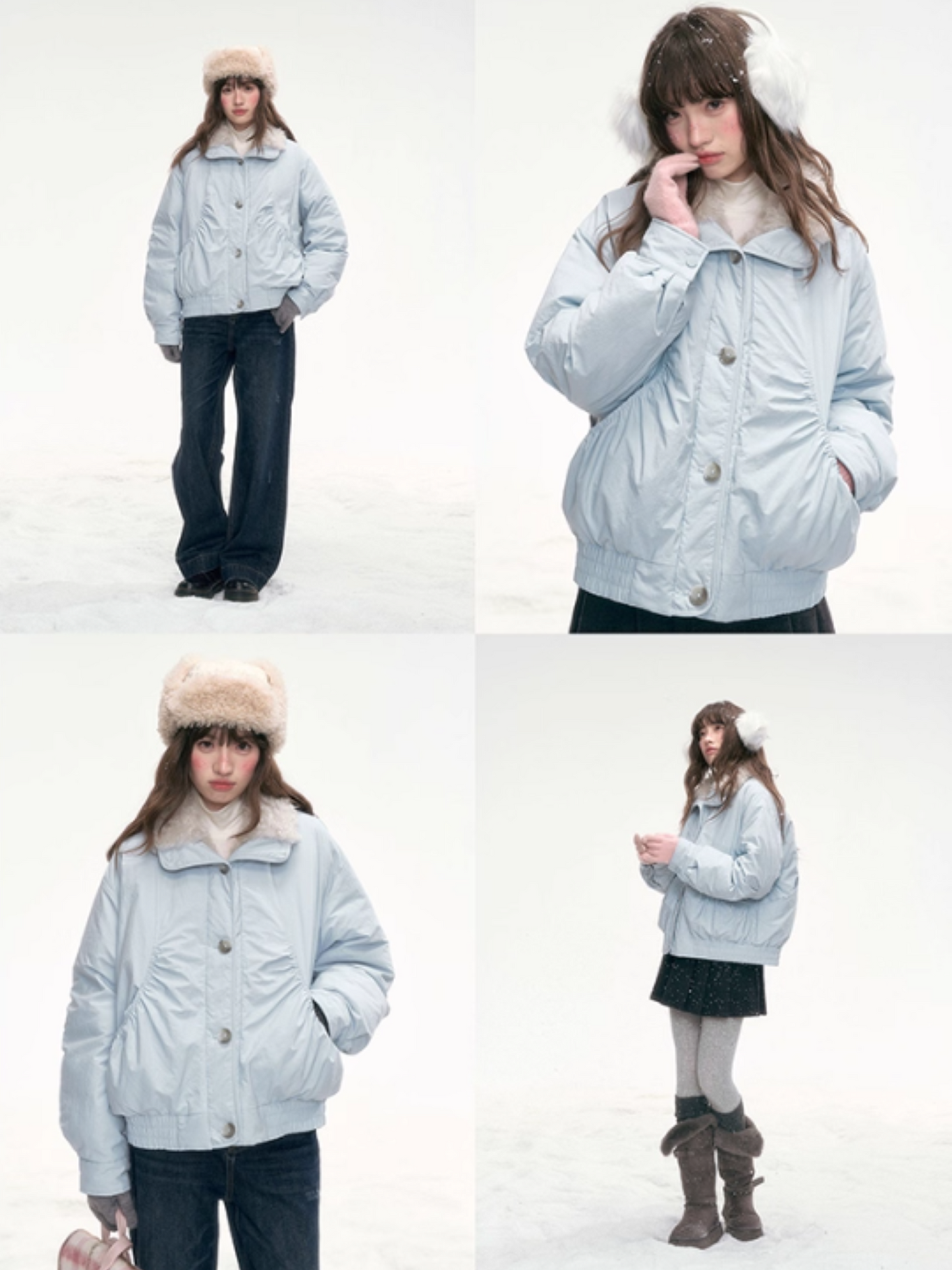 "Soft Mist Cove" Contrast Collar Down Jacket – Sky Blue & Light Gray LL2025308