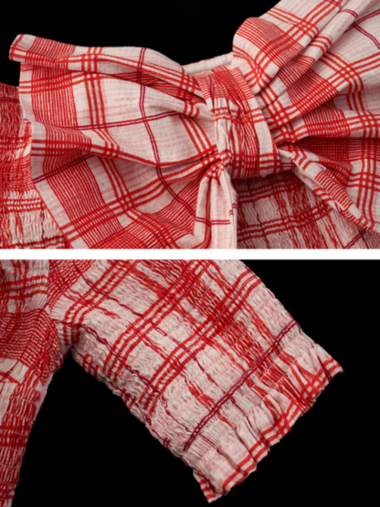 MAMC - Red Plaid Bow Maxi Dress – Off-Shoulder Waist-Cinched Vacation Outfit