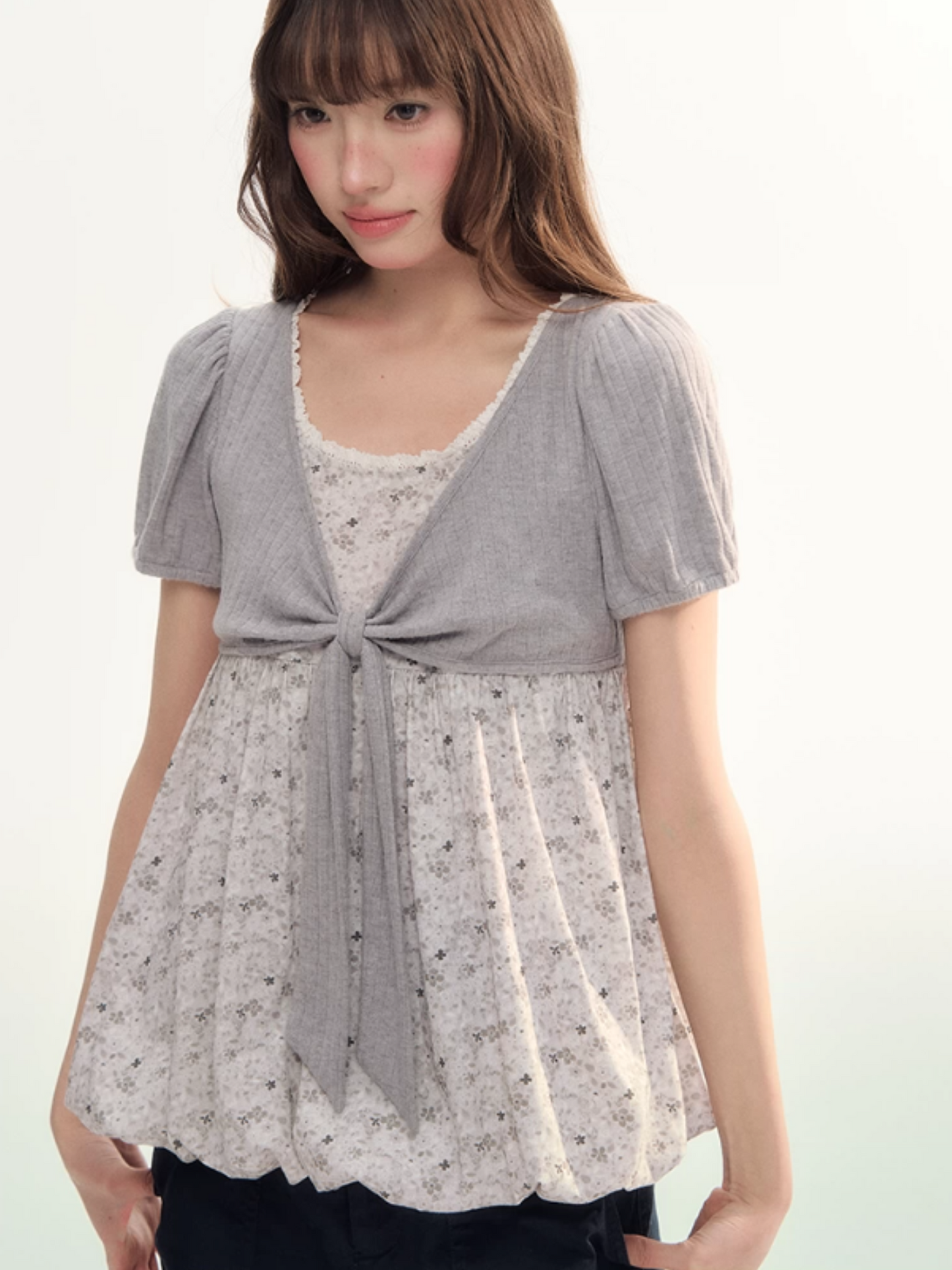 Floral Bow Puff Sleeve Bubble Top LL2026073