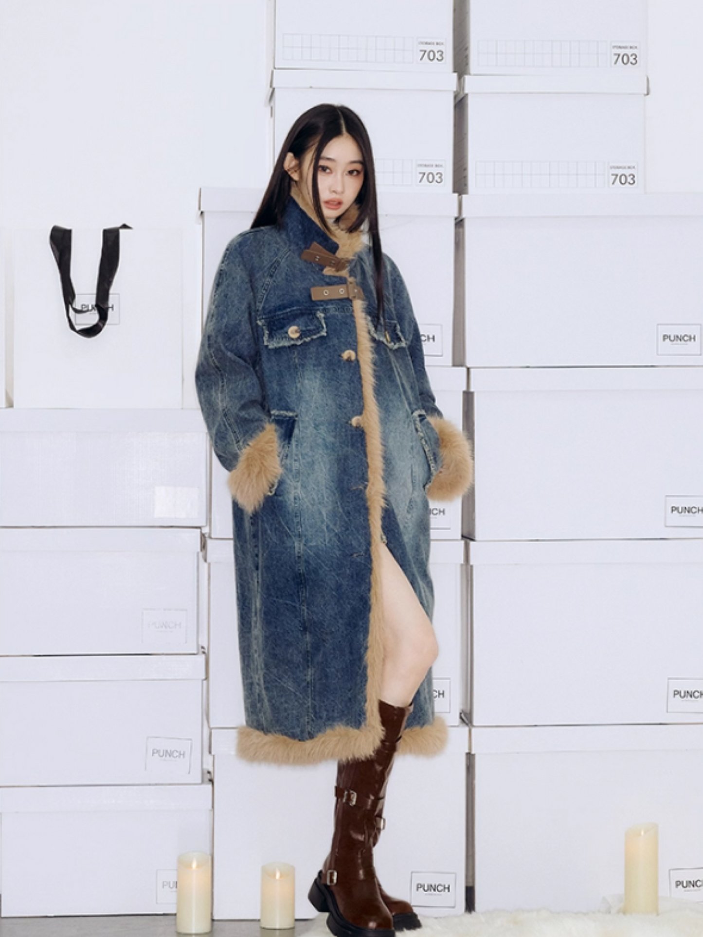 PCH - Long Cotton Coat with Plush and Washed Denim Panels
