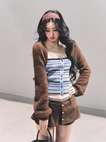 少也眼 Autumn Breeze Striped Knit Slim Vest Tee