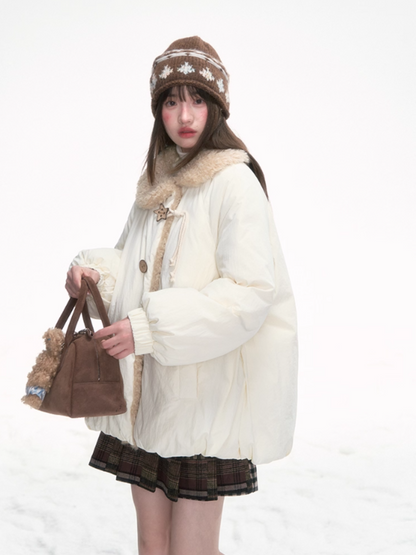'绒间星轨' Puffer Jacket with Faux Fur Collar – Beige