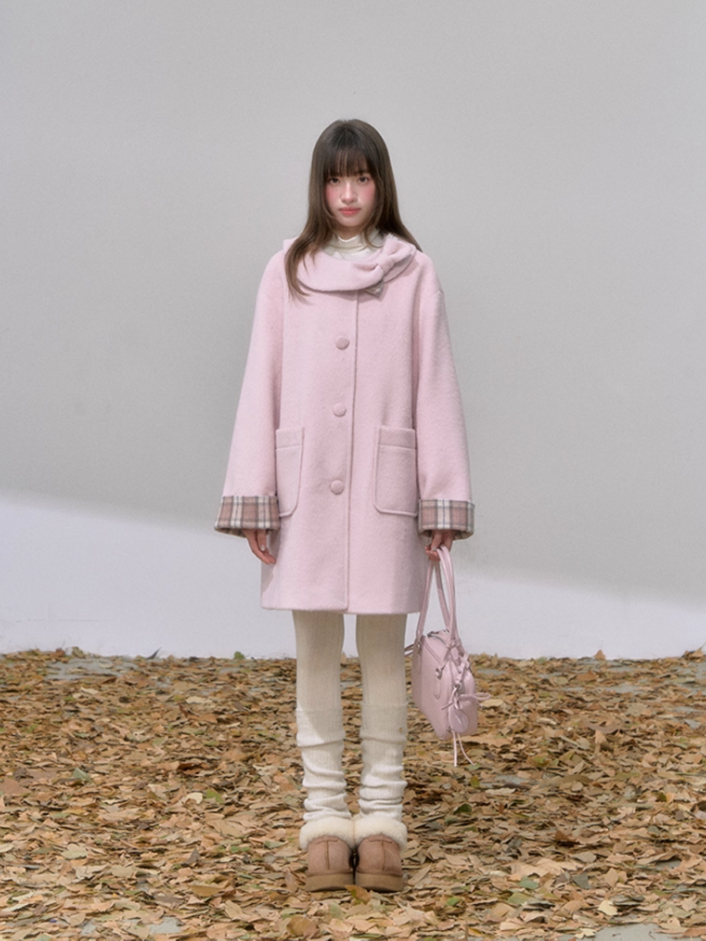 "樱格恋语" Sakura Pink A-Line Wool Coat with Oversized Bow