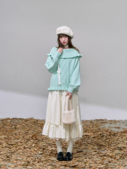 "薄荷云诗" Mint Green Korean Off-Shoulder Cable Knit Sweater
