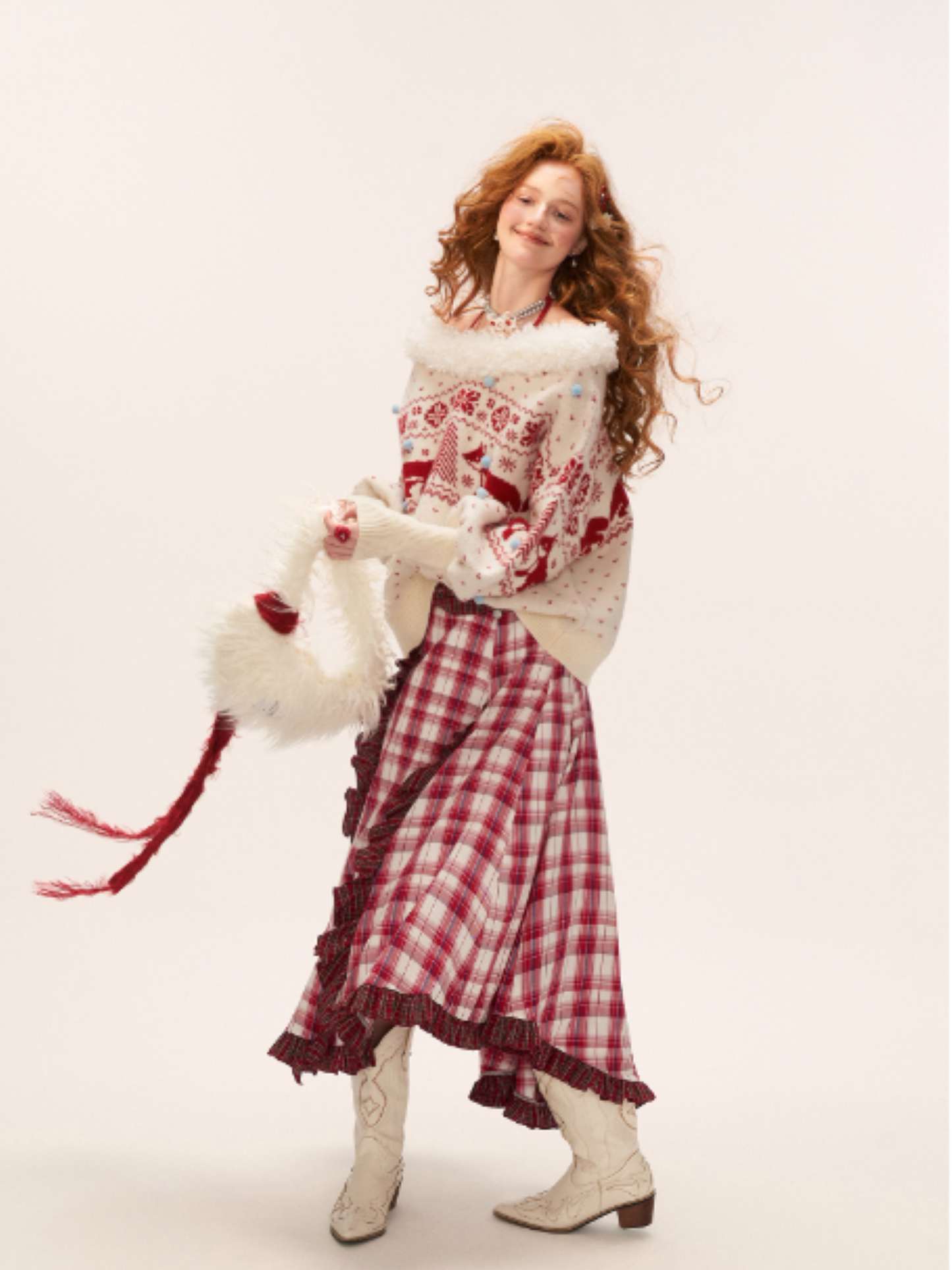 Asymmetrical Plaid Maxi Skirt with Ruffle Hem WE814 (Red)