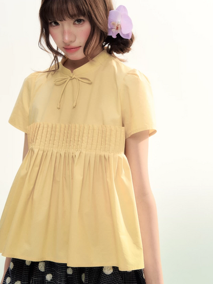 Butter Yellow Pleated Puff Sleeve Blouse WW2026069