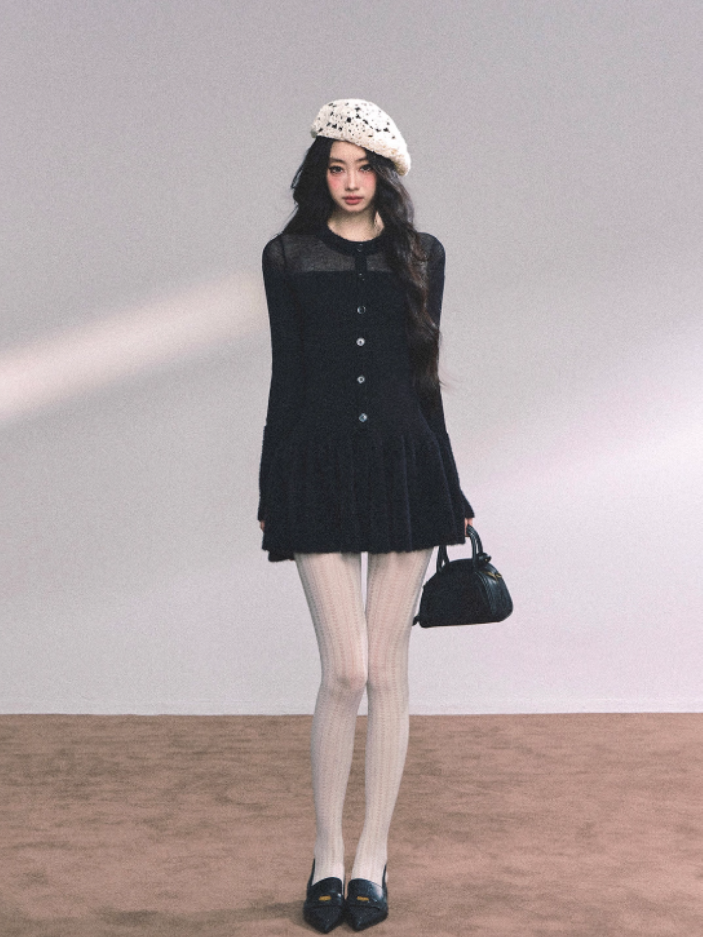 "小野莉娜" French Knit Slim-Fit Waist Black Dress