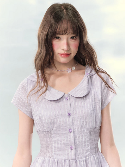 “Lavender Tea Mist” Lilac Stripe Puff Sleeve Dress LL2026137
