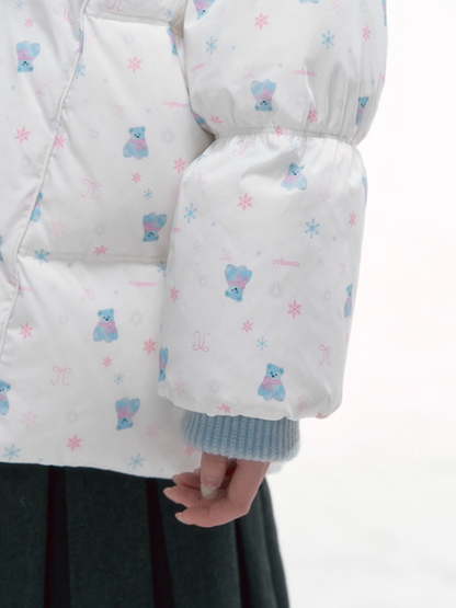 '落雪熊迹' Puffer Jacket with Faux Fur Hood & Blue Bear Print