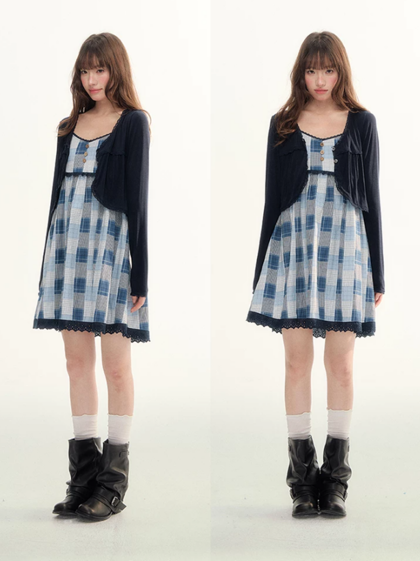 Blue Plaid Lace Trim Dress & Navy Cardigan Set  LL2026078
