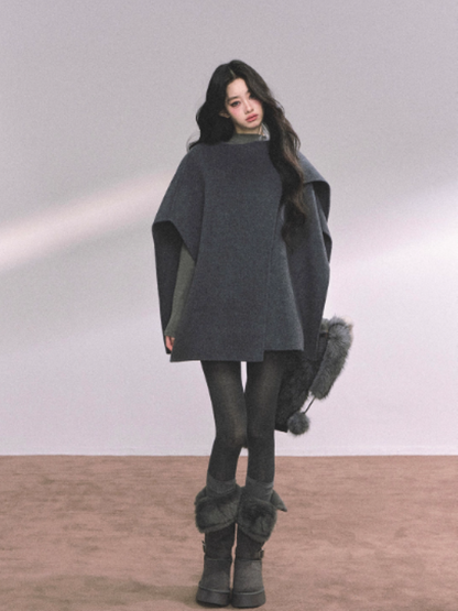 少也眼 French-Inspired Double-Faced Wool Cape Coat – Gray