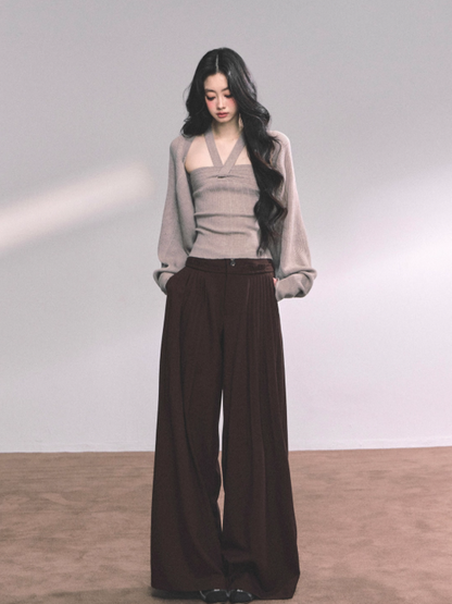 少也眼 French Oatmeal Beige Knit Top and Shawl Two-Piece Set